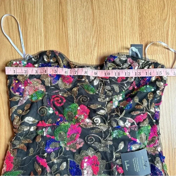 Lulu’s Thriving Blossom Black Mesh Sequin Bustier Strapless Mini Dress NWT - Picture 4 of 9